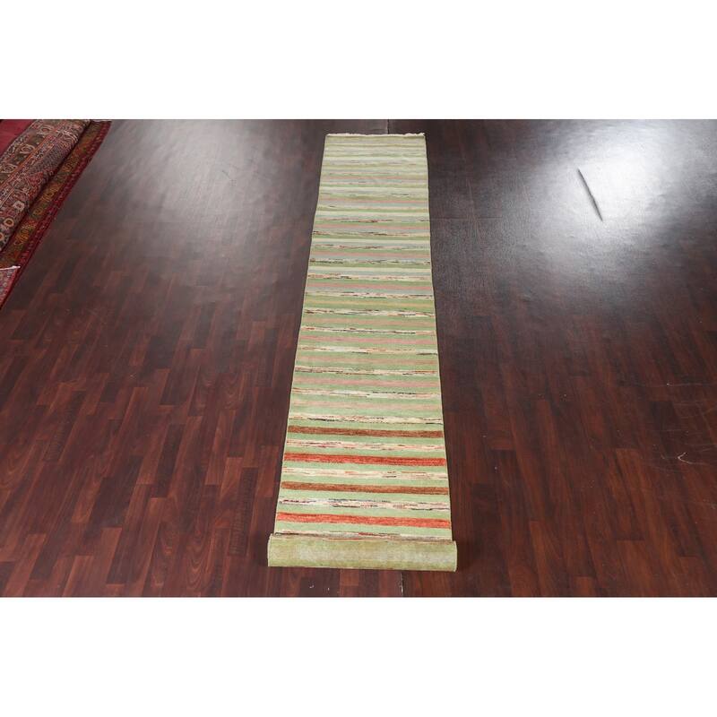 Green Striped Gabbeh Kashkoli Oriental Wool Runner Rug Hand-knotted - 2'8" x 17'9"