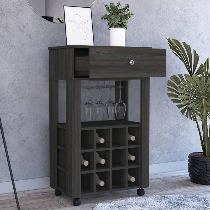 Modern Bar Cart Bayamon with Twelve Wine Cubbies, Open Shelf & Black Wengue Finish - 27.44" Superior Top - Espresso