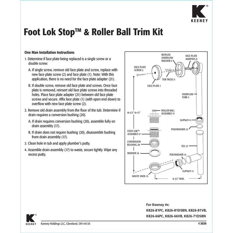 Keeney Foot Lok Stop Bathtub Drain Trim Kit