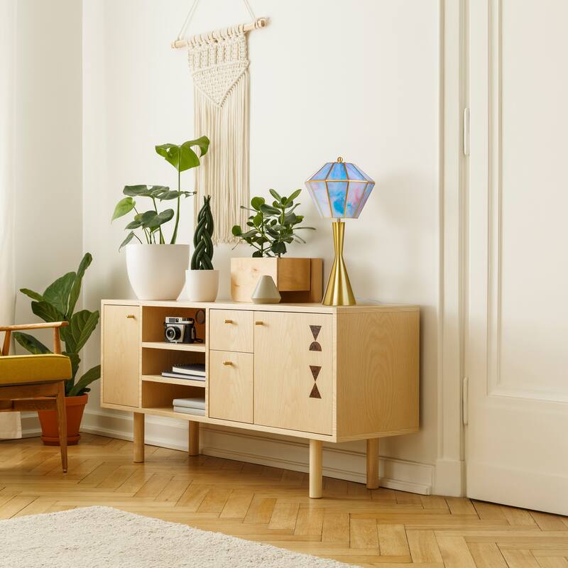 Pearce River of Goods Gold Metal and Blue Glass Diamond Shade 21-Inch Table Lamp - 10.125" x 10.125" x 21"