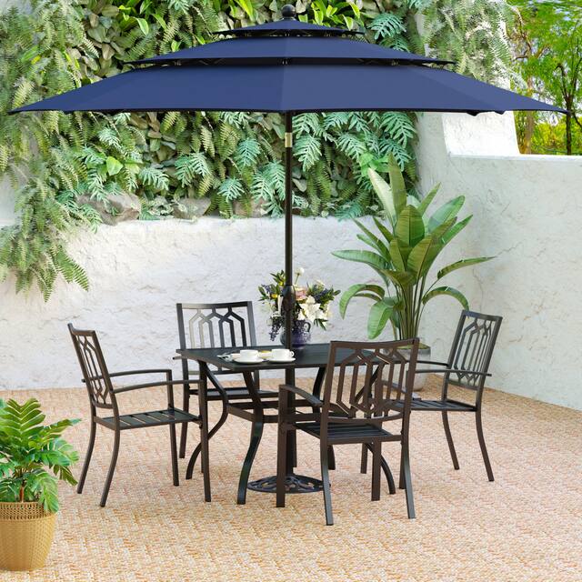 E-Coating Dining Set Metal Outdoor Patio Dining Set, Table and 4 Chairs Set of 5 - WithUmbrella-NavyBlue