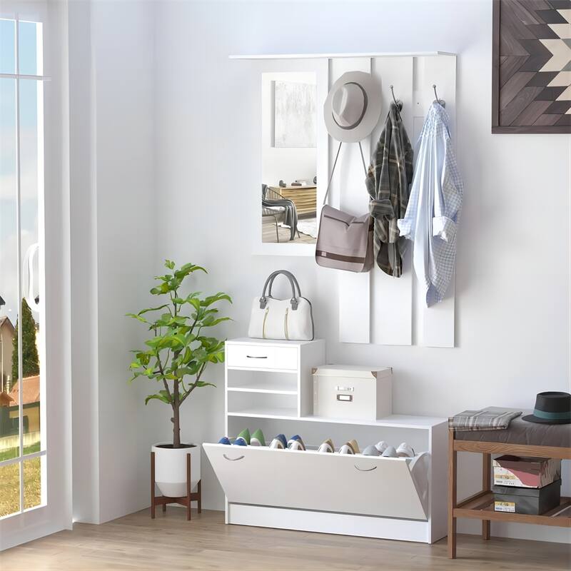 Combination Model Gate Cabinet with Shoe Cabinet+Hang Shelf+ Mirror - Matte White