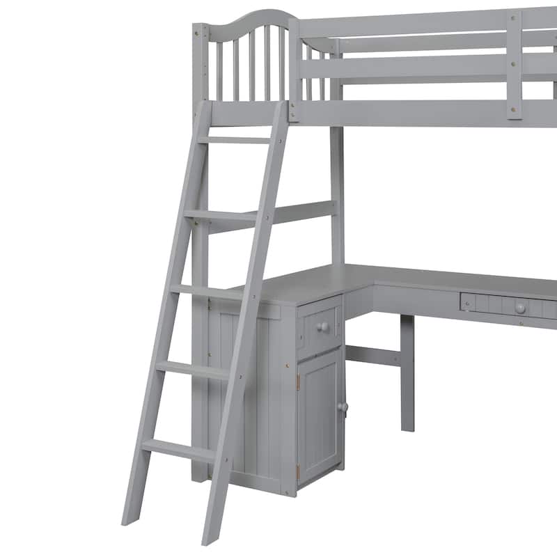 Twin Loft Bed with Desk, Drawers, Shelves, and Cabinet - Space-Saving Furniture