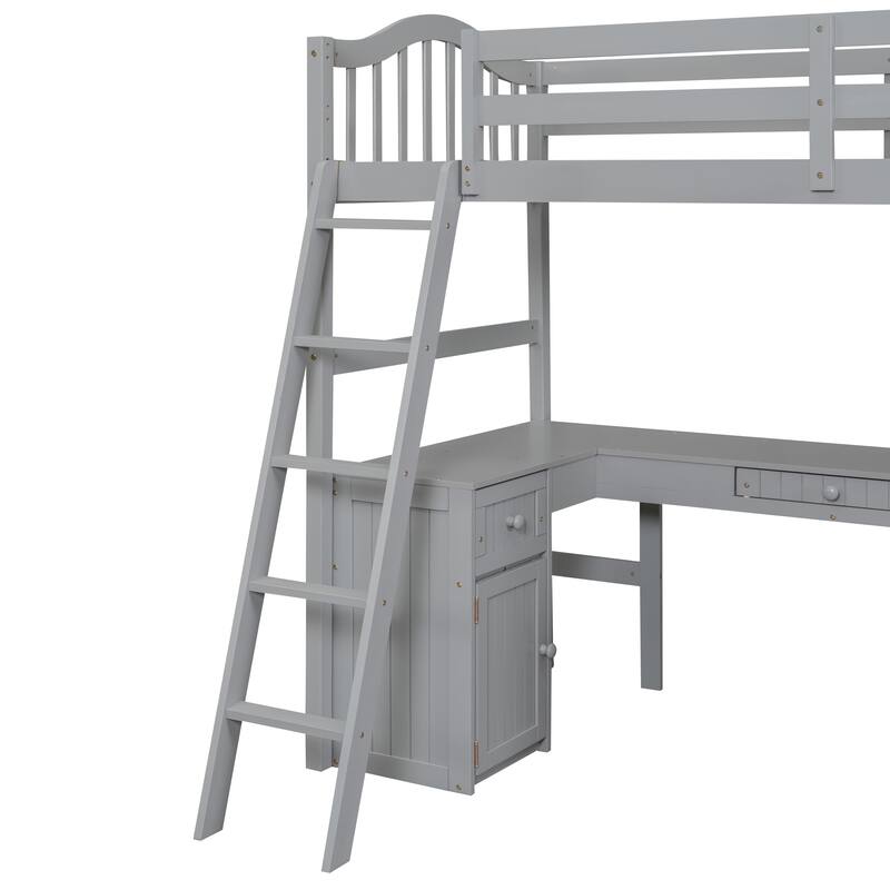 Twin Size Loft Bed with Desk, Storage Drawers, and Shelves, Solid Pine Wood Frame