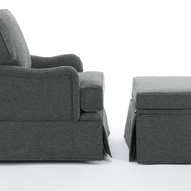 Skirted Swivel Accent Nailhead Barrel Chair With Storage Ottoman Set