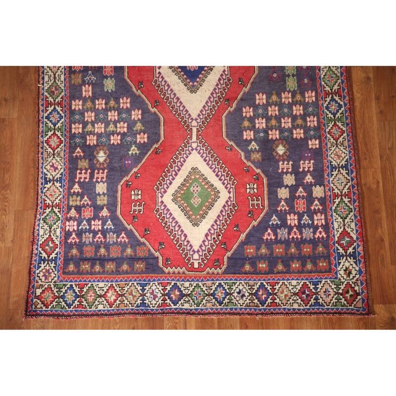 Navy Geometric Yalameh Persian Vintage Rug Hand-knotted Wool Carpet - 4'3"x 7'1"