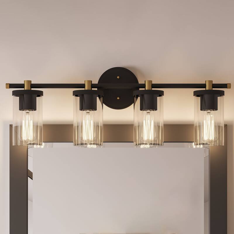 Decatur Black Gold 4Light Modern Vanity Lights Bathroom Light Fixture with Cylinder Shades On