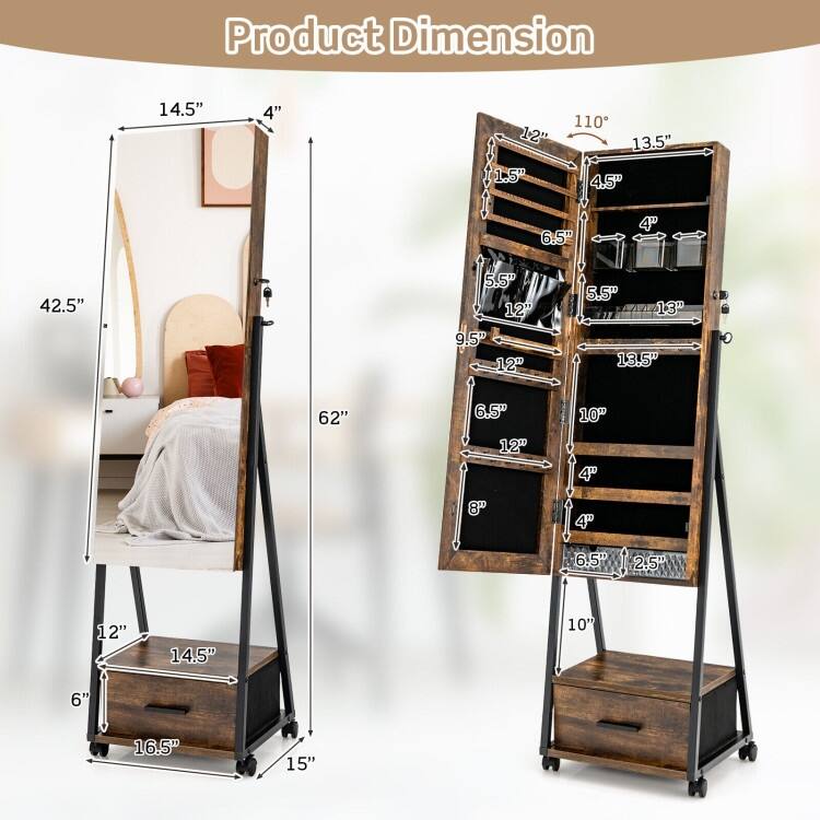 Full-Length Mirror Jewelry Cabinet for Storage and Organization - 16.5" x 15" x 62"(L x W x H)