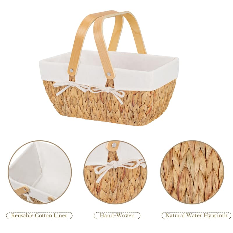 Wicker Basket with Wood Handle, Water Hyacinth Basket for Easter, Gift, Picnic - 15"D x 9.75"W x 7"H