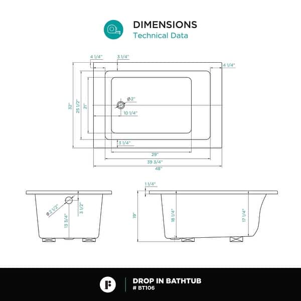 dimension image slide 0 of 5, Fine Fixtures Drop In Soaking Bathtub Fiberglass Acrylic Material
