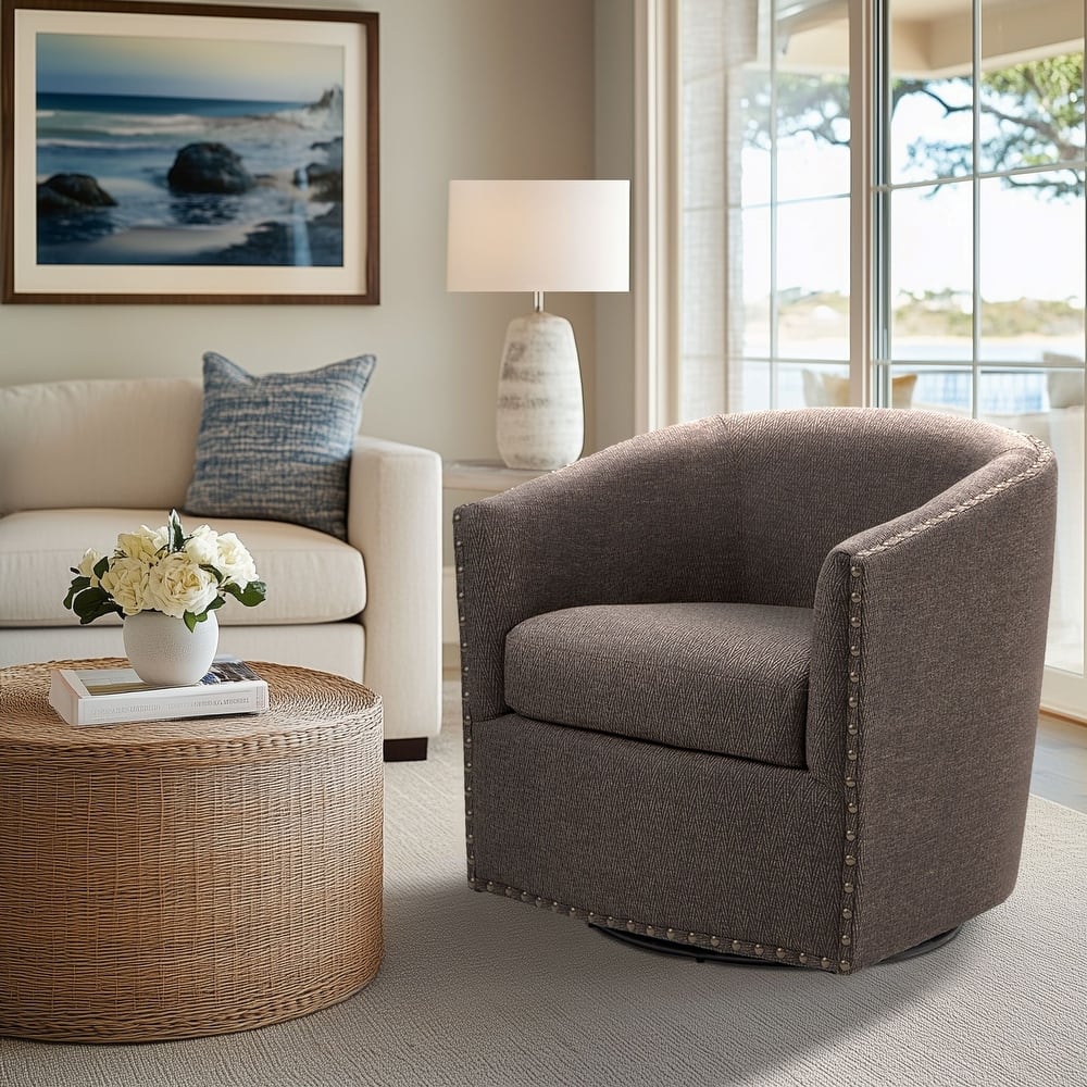 Madison Park Tyler Upholstered Swivel Barrel Chair with Nailheads