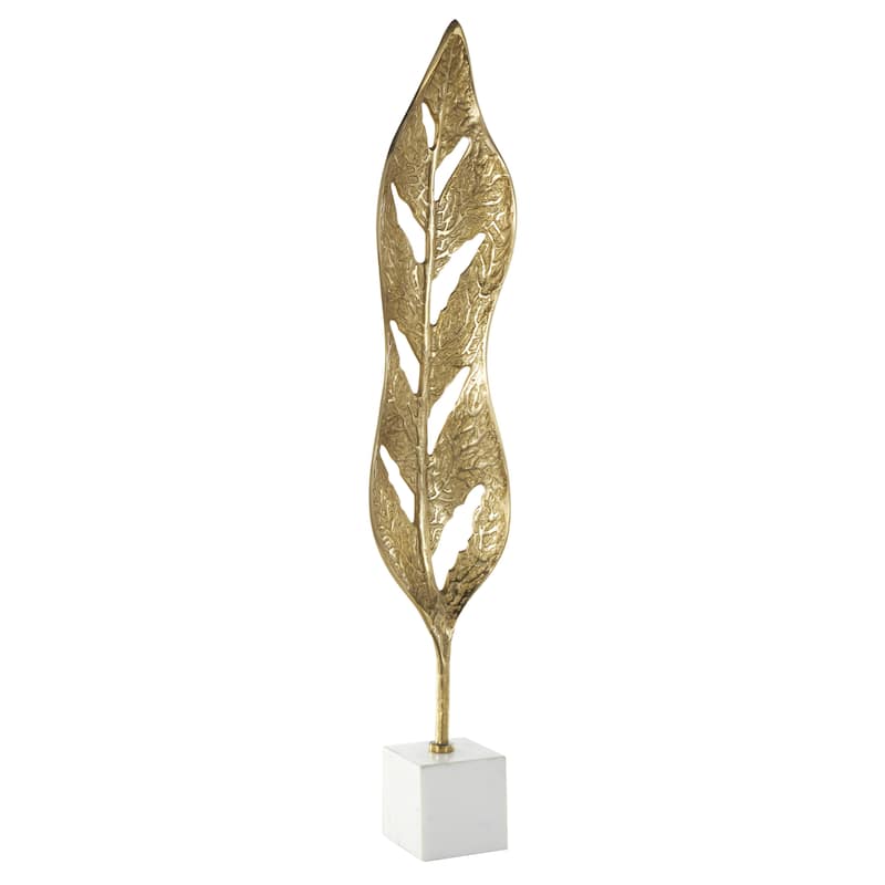 Aluminum Metal Leaf Tall Textured Cutout Decorative Sculpture with White Marble Base - Gold - Roche River Decor - Gold - 7"W, 35"H