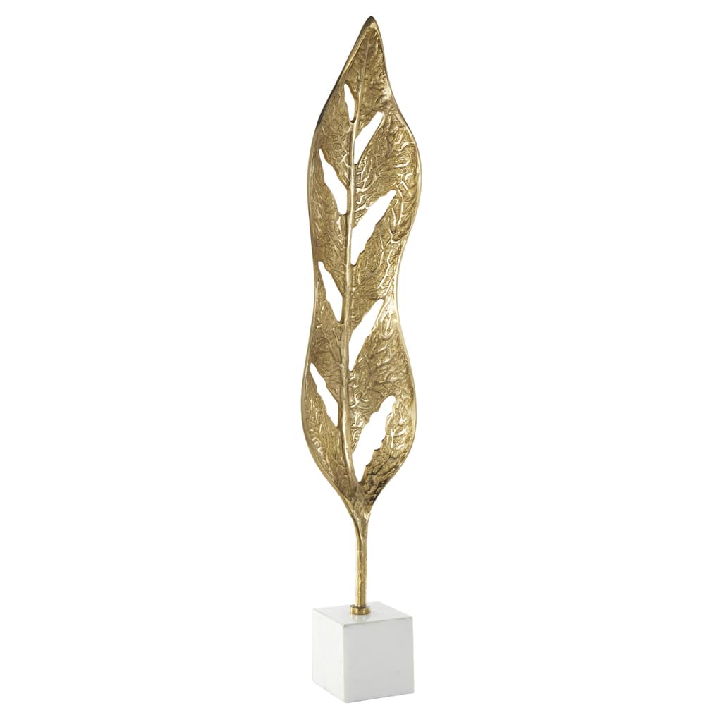 Aluminum Metal Leaf Tall Textured Cutout Decorative Sculpture with White Marble Base - Gold - Roche River Decor