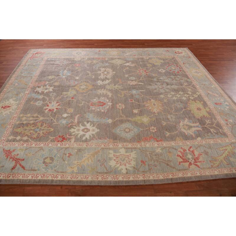 Hand Knotted Oriental 100% Wool Carpet Transitional All-Over Brown Oushak Area Rug - 9' 11'' X 8' 3''