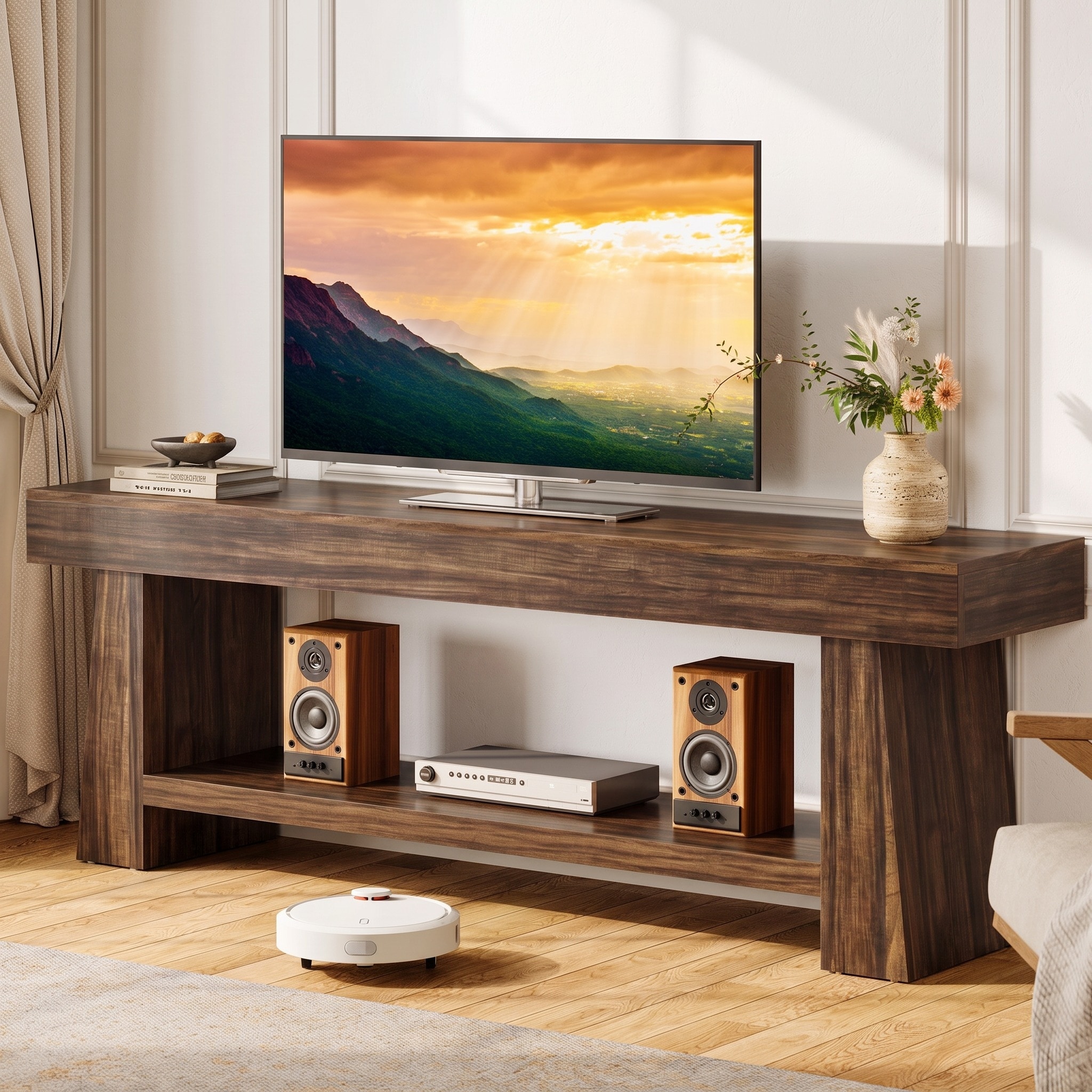 63 inch Farmhouse TV Stand with Open Storage Shelf - 15.75" D x 62.99" W x 23.62" H