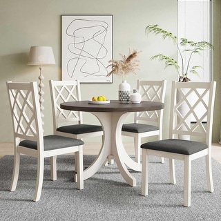 5-Piece Solid Wood Round Dining Table Set with Upholstered Chairs - Bed ...