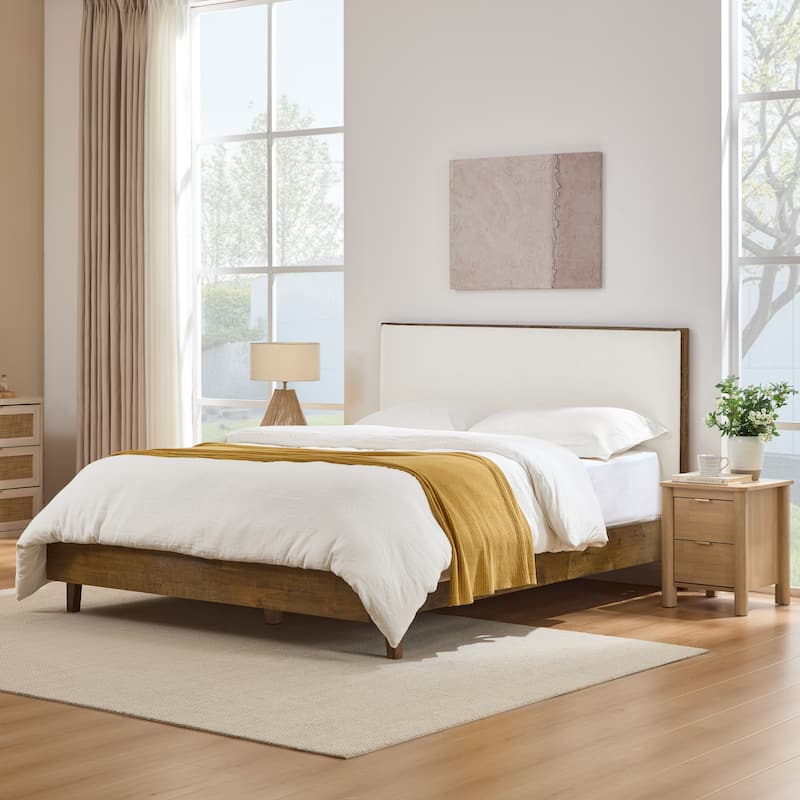 Spruce & Spring Modern Bouclé Platform Bed with Upholstered Headboard & Solid Wood Frame