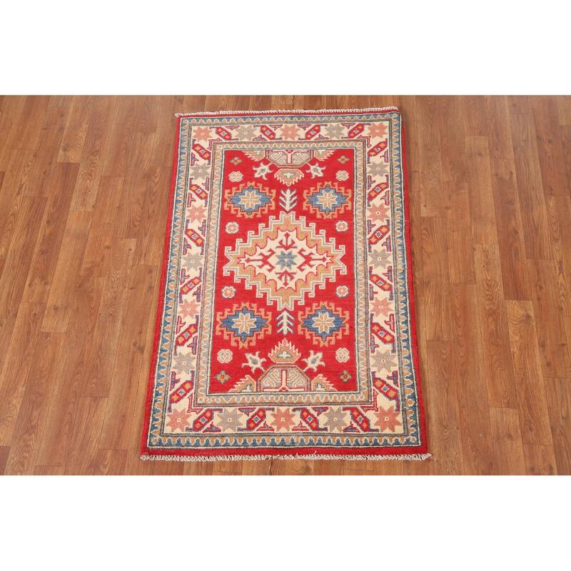 Geometric Red Kazak Oriental Accent Rug Handmade Wool Carpet - 2'9"x 4'2"
