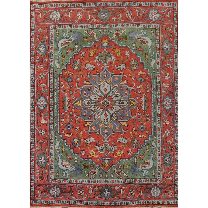 Animals Design Heriz Serapi Indian Area Rug Handmade Wool Carpet - 7'11" x 9'11"