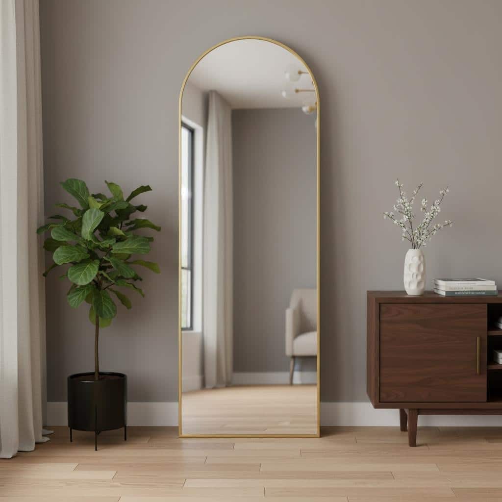 HomeRoots 64" Gold Metal Arch Freestanding Framed Standing Mirror - 21.00 in. x 64.00 in. x 0.80 in.