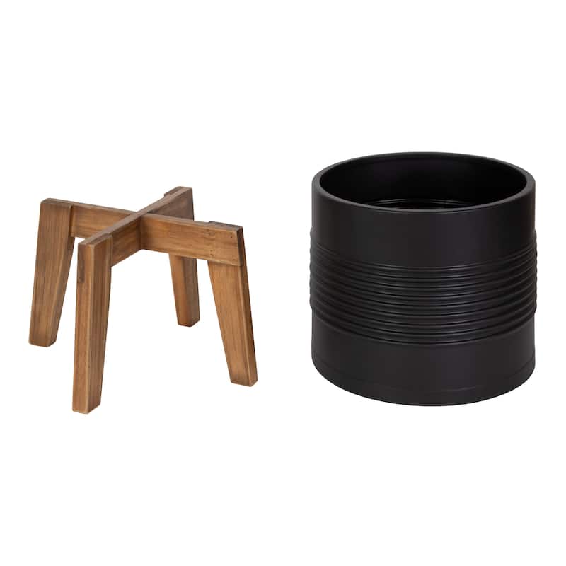 Kate and Laurel Gavri Metal Planter with Wood Stand - 11.25" Diameter