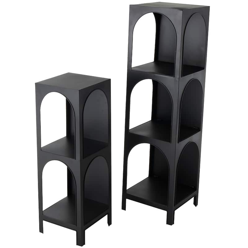 Metal 2 and 3 Shelf Shelving Unit with Arched Openings - Set of 2 Black - Roche River Decor - 13"W x 13"L x 47"H