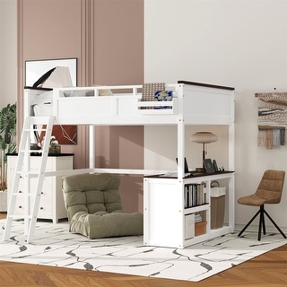 Queen Size Loft Bed with Bulit-in Desk and a Storage Box, Wooden Loft Bedframe with Open Shelves and USB Charging Station