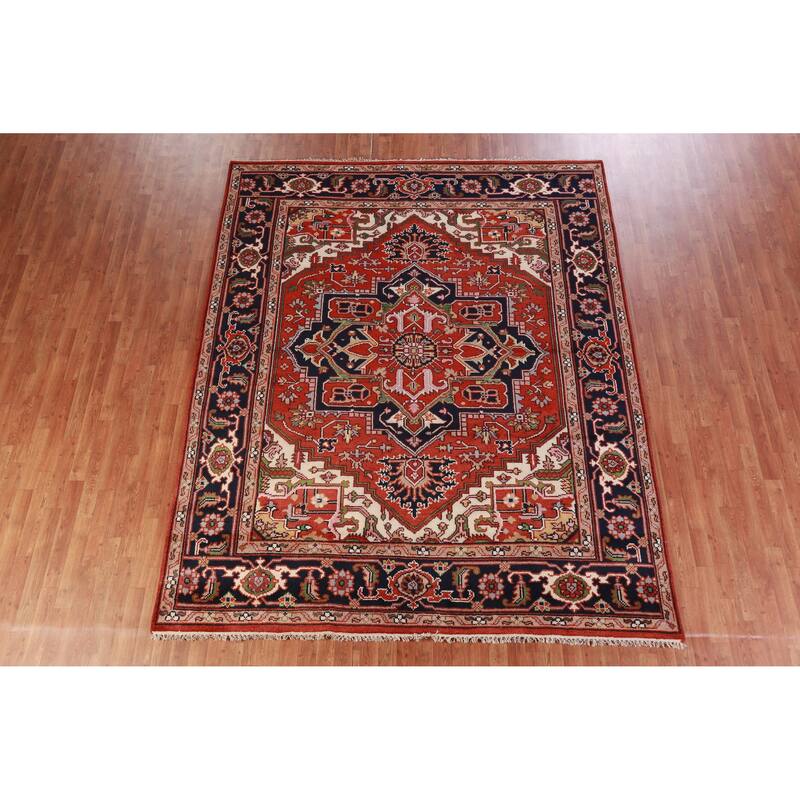 Hand Knotted Oriental 100% Wool Carpet Traditional Medallion Oranges & Rust Heriz (serapi) Area Rug - 9' 11'' X 8' 1''