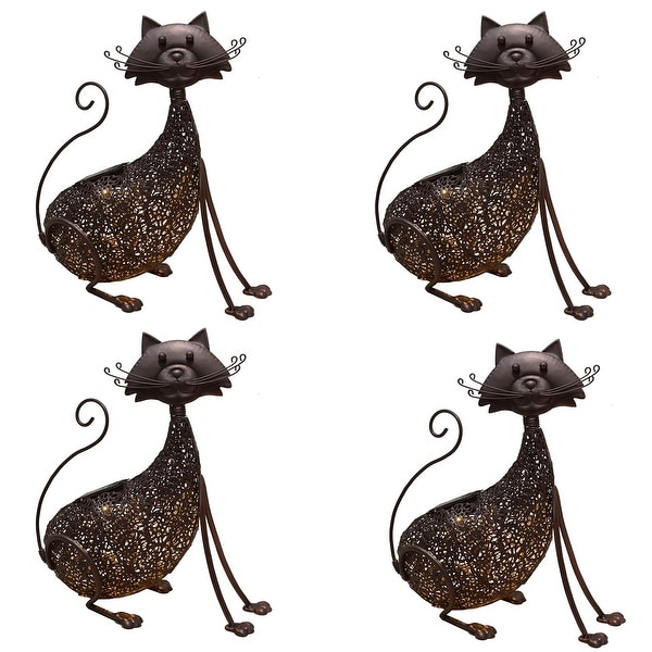 Set of 4 LED Solar Lighted Brown Steel Cat Garden Statue 15” - N/A