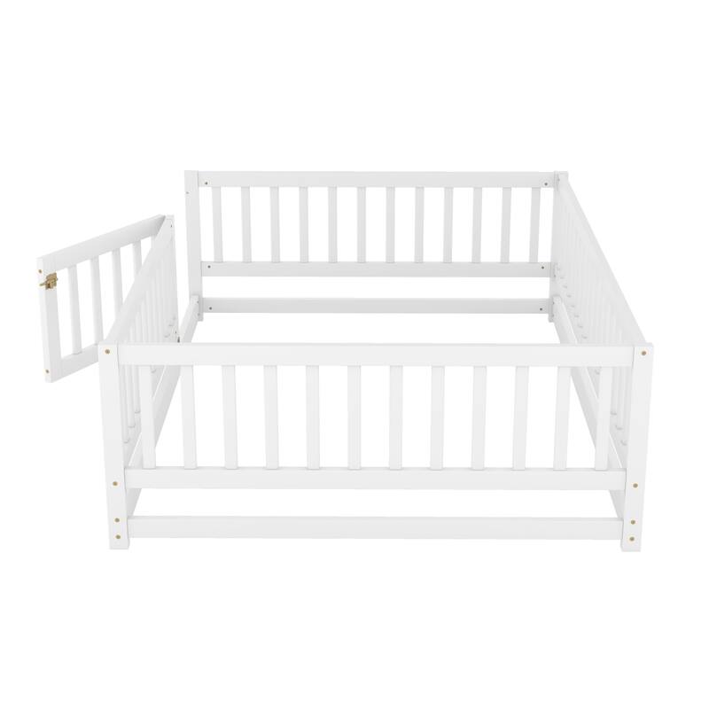 Full Size Montessori Floor Bed with Fence and Door, Kids Wood Bed Frame, Natural Pine Wood Floor Bed