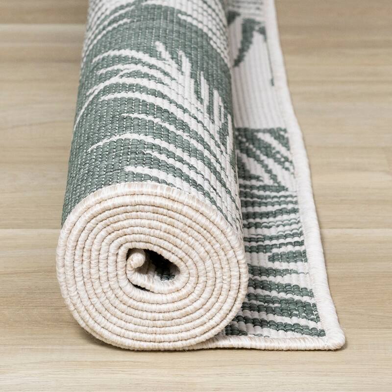 Green Cream Reversible Leaves Indoor/Outdoor Area Rug