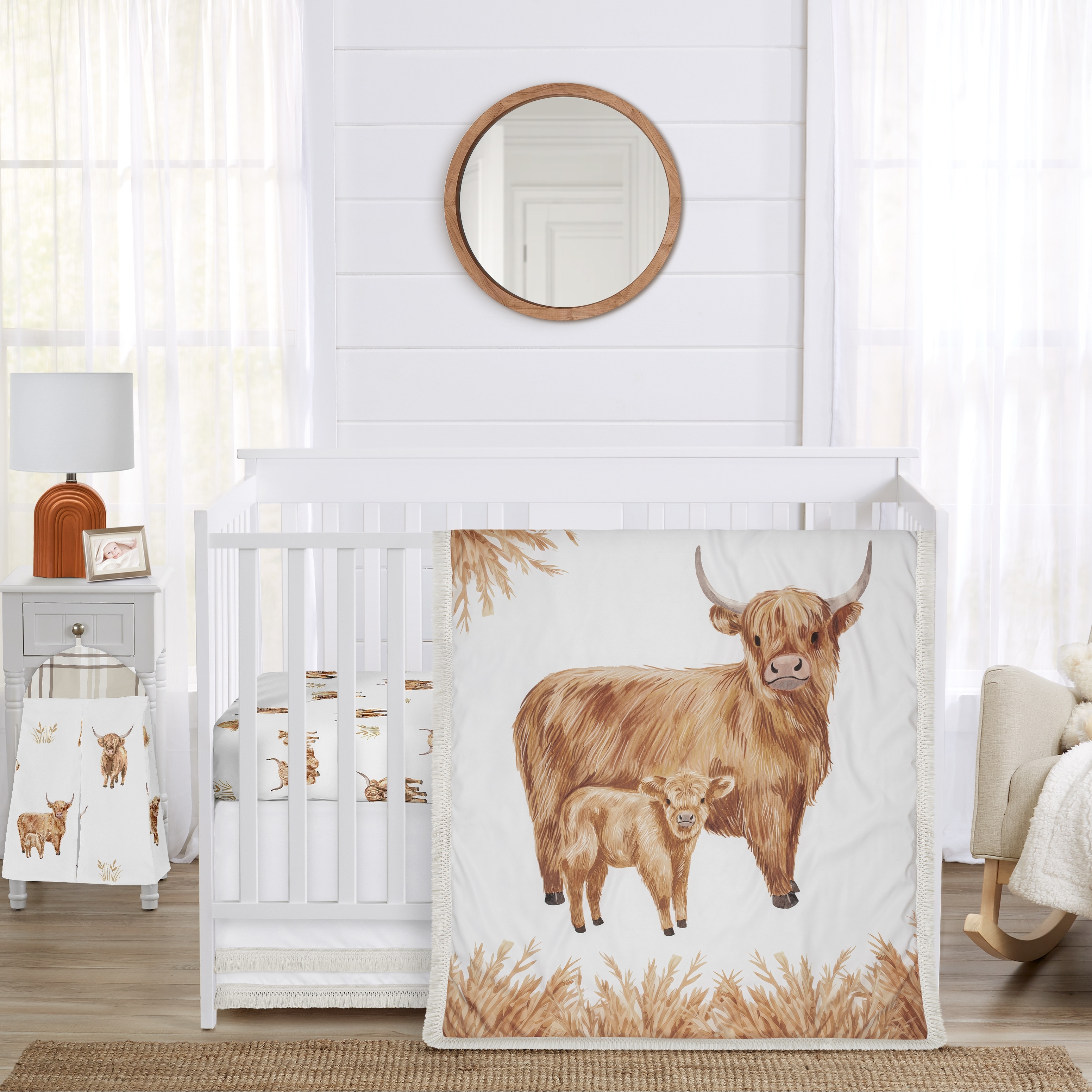 Sweet Jojo Designs Boho Highland Cow Boy, Girl, Gender Neutral 4pc Nursery Crib Bedding Set Taupe Plaid & Farm Animal, Farmhouse