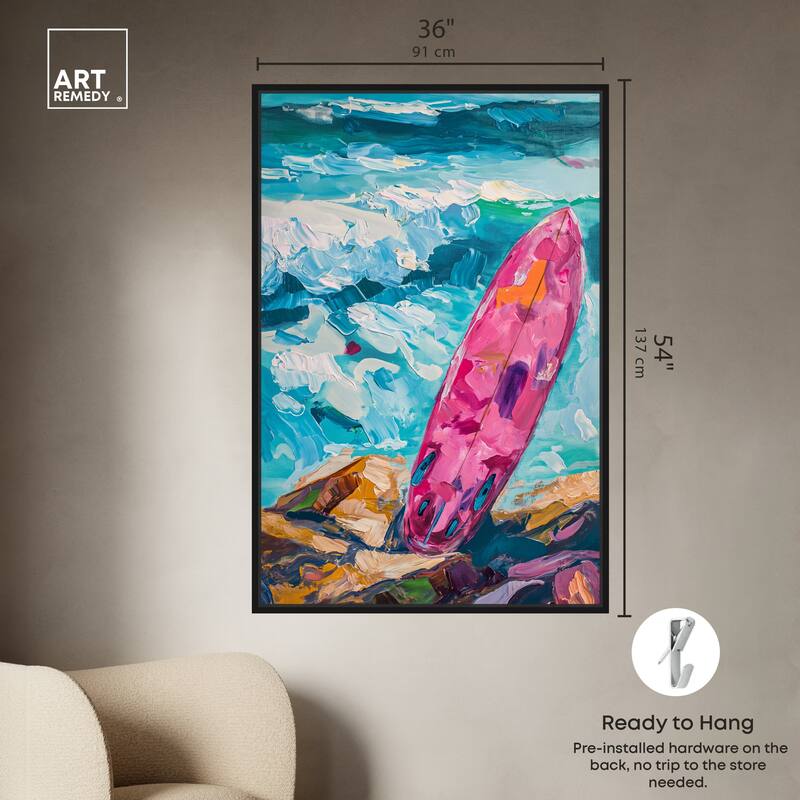 Art Remedy Just A Little Break Wave Framed Colorful Coastal 1 Piece Canvas Wall Art