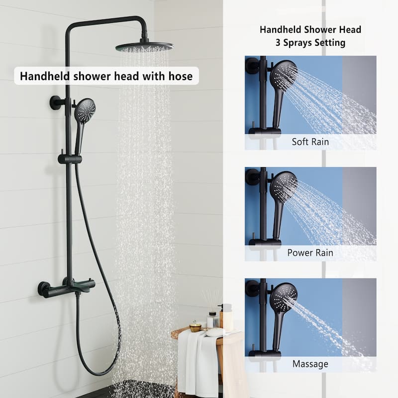 3-Spray Patterns Wall Mount Tub and Thermostatic Rain Shower Faucet with Handheld Shower Head Combo - 9" x 9"