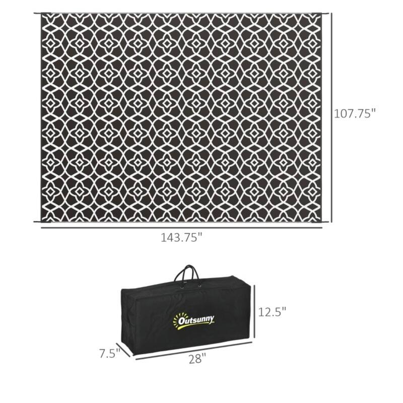 Reversible Outdoor Rug Black and White Clover Pattern UV Protected Foldable RV Camping Patio Beach Mat - 143.7" L x 107.9" W