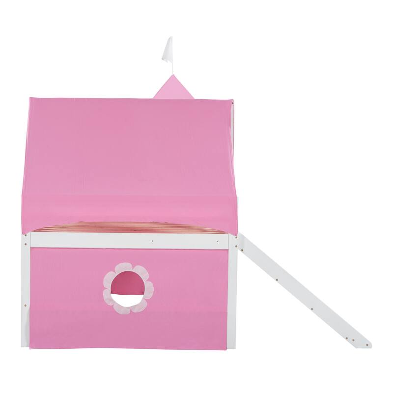 Castle Frame Bed Wood Loft Bed Loft Bed Convertible To Mini Playground with Pink Tent and Tower, Child Bed Tent