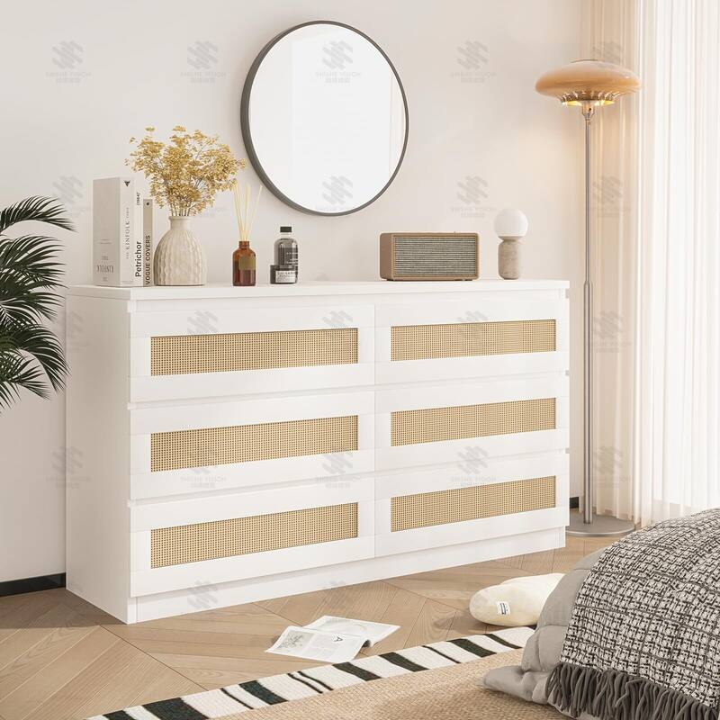 Modern Rattan 6-Drawer Dresser for Bedroom - Slim Wooden Chest of Drawers, Durable Freestanding Storage Organizer