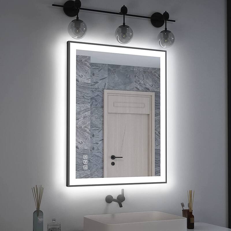 TOOLKISS Black Frame Anti-Fog Dimmable LED Light Vanity Bathroom Mirror with Backlit and Front Light