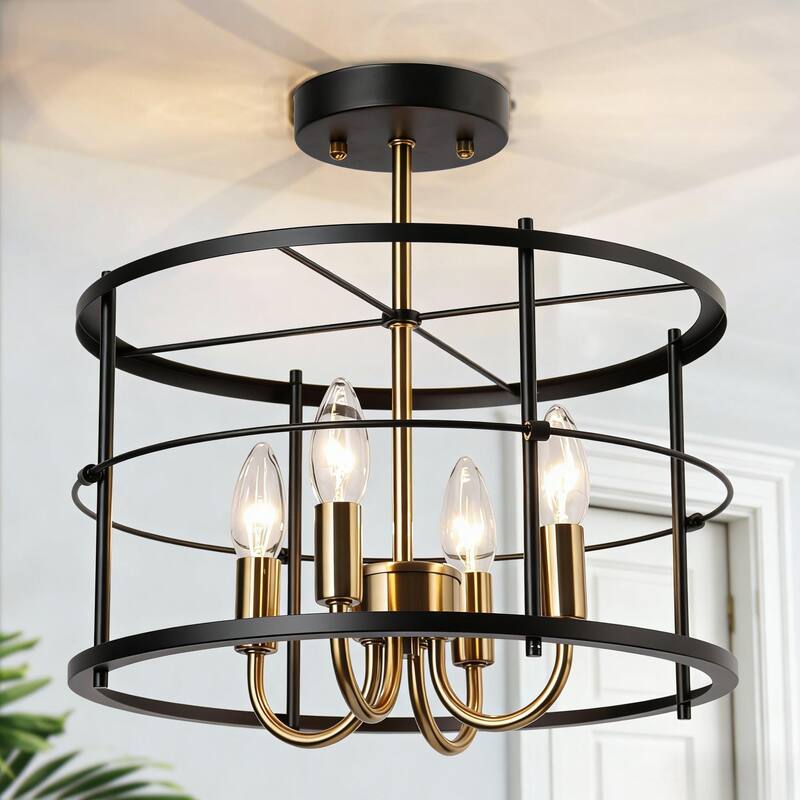 Modern 4-Light Black Gold Drum Semi Flush Mount Foyer Kitchen Ceiling Lights