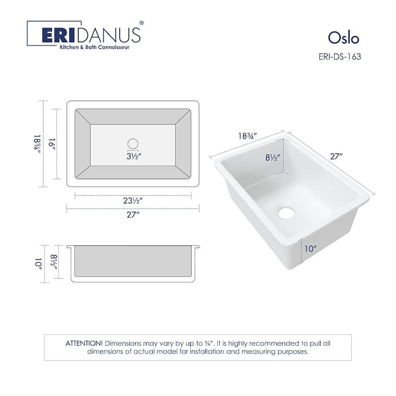 Eridanus Oslo 27-inch Undermount Drop-in Kitchen Sink - 27"L x 18"W x 10"H