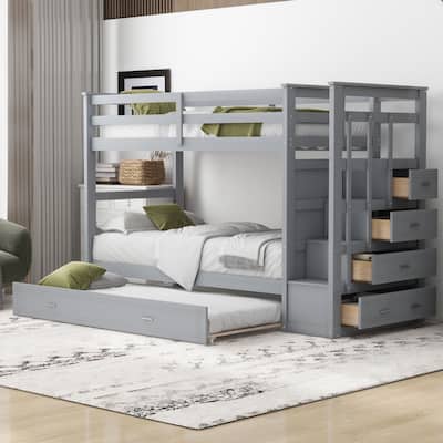 Twin Over Twin Bunk Bed Frame with Trundle and Staircase,for Girls Boys Teens,No Box Spring Needed