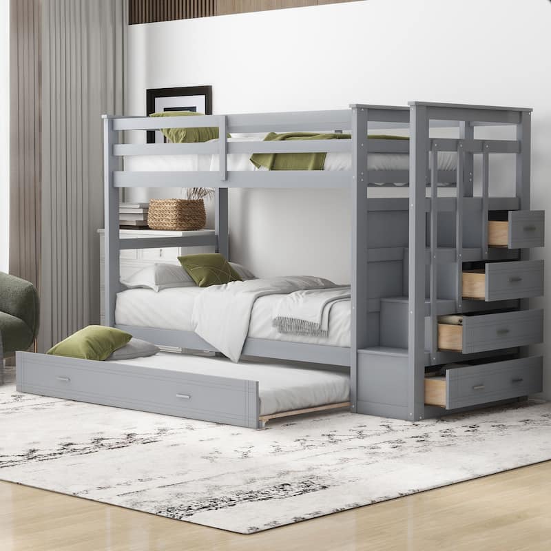 Twin Over Twin Bunk Bed with Trundle and Staircase, Gray - Gray