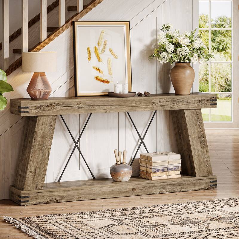 2-Tier Farmhouse Console Table, 70.9” Brown Entryway Table for Living Room - Large