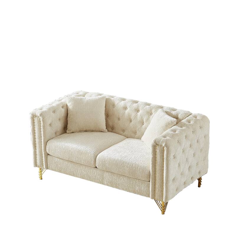60-Inch Chenille Chesterfield Sofa, Living Room Couch with Buttons Tufted/Copper Nail Decoration Armrest