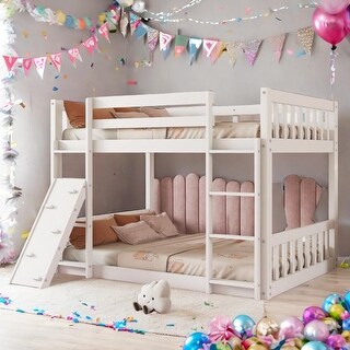 Twin Over Twin Floor Bunk Bed, Playhouse Floor Bunk Bed with Climbing Ramp, Ladder, Safety Guardrails