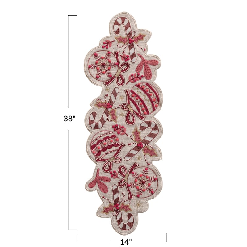 Hand-Embroidered Slub Printed Table Runner with Applique, Ornaments, Candy Canes, Beads and Pom Poms