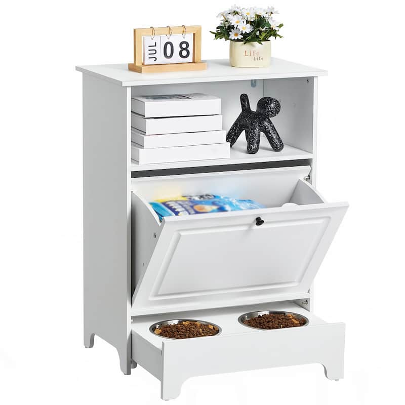 White Pet Feeding Station with 2 Elevated Dog Bowls and Dog Food and Toy Storage Cabinet - 23.62 x 13.78 x 31.38 inch