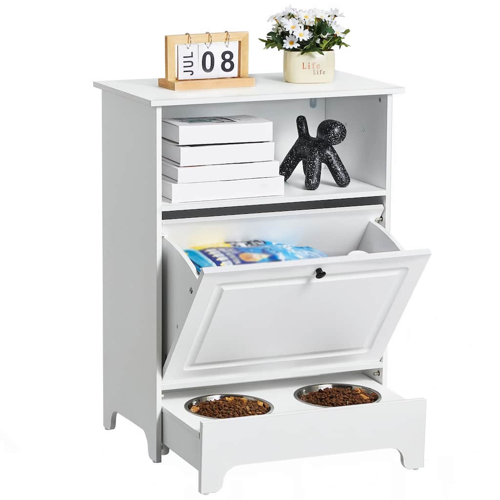 White Pet Feeding Station with 2 Elevated Dog Bowls and Dog Food and Toy Storage Cabinet - 23.62 x 13.78 x 31.38 inch
