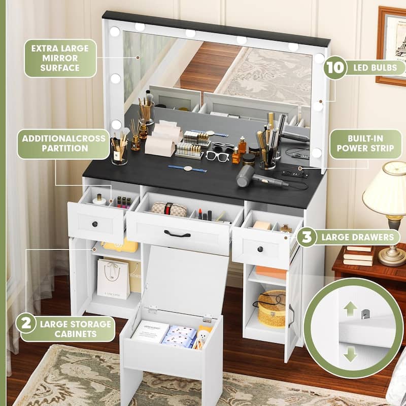 43.3'' Wide Makeup Vanity Dressing With Lighted Mirror and Stool