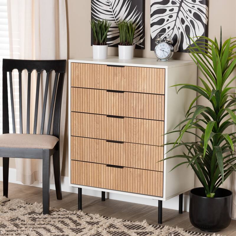 Karima Mid-Century Modern Two-Tone White and Natural Brown Finished Wood and Black Metal 5-Drawer Storage Cabinet